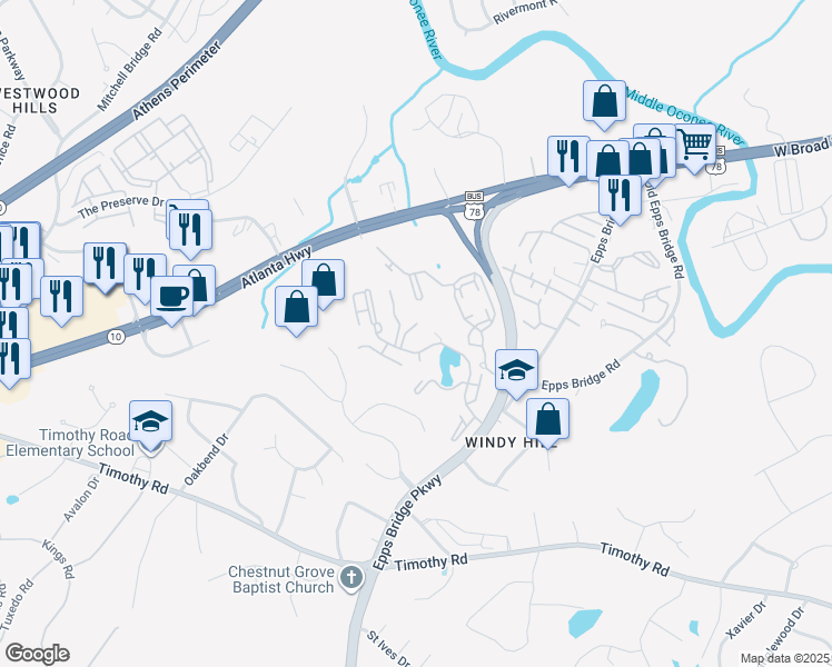 map of restaurants, bars, coffee shops, grocery stores, and more near 274 Wood Lake Drive in Athens