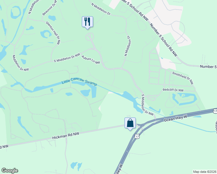 map of restaurants, bars, coffee shops, grocery stores, and more near 169 Ravennaside Drive Northwest in Calabash