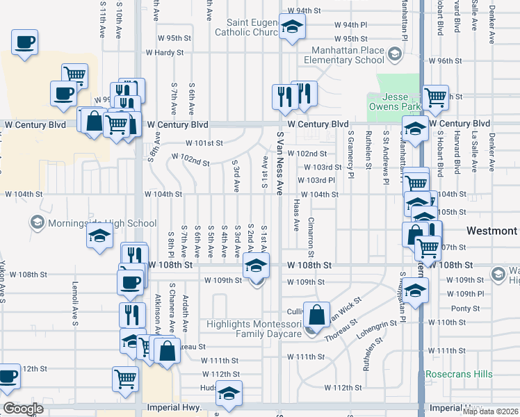 map of restaurants, bars, coffee shops, grocery stores, and more near 10421 South 1st Avenue in Inglewood