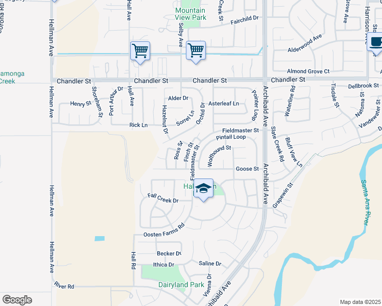 map of restaurants, bars, coffee shops, grocery stores, and more near 8120 Finch Street in Corona