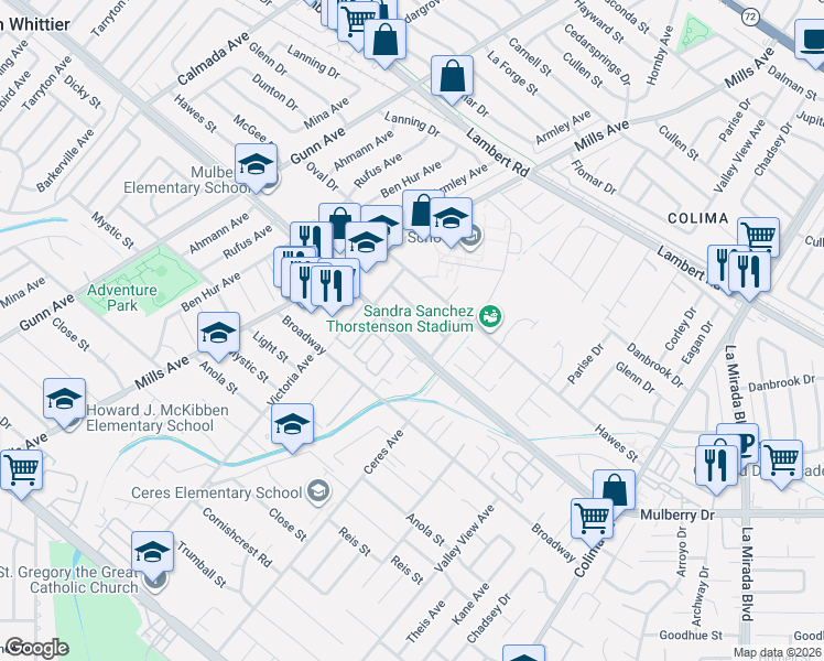 map of restaurants, bars, coffee shops, grocery stores, and more near in South Whittier