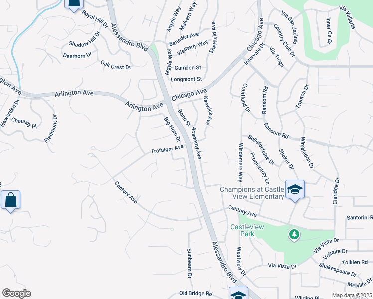 map of restaurants, bars, coffee shops, grocery stores, and more near 2122 Trafalgar Avenue in Riverside
