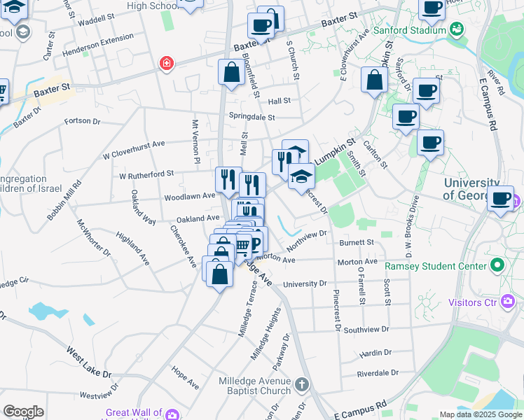 map of restaurants, bars, coffee shops, grocery stores, and more near 125 Woodrow Street in Athens