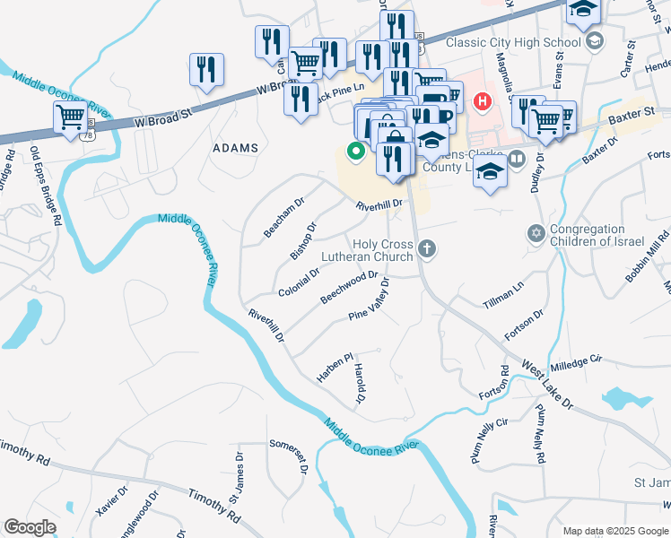 map of restaurants, bars, coffee shops, grocery stores, and more near 316 Beechwood Drive in Athens