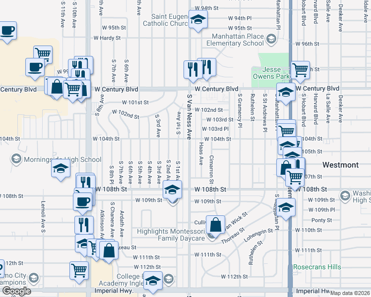 map of restaurants, bars, coffee shops, grocery stores, and more near 10427 South Van Ness Avenue in Inglewood