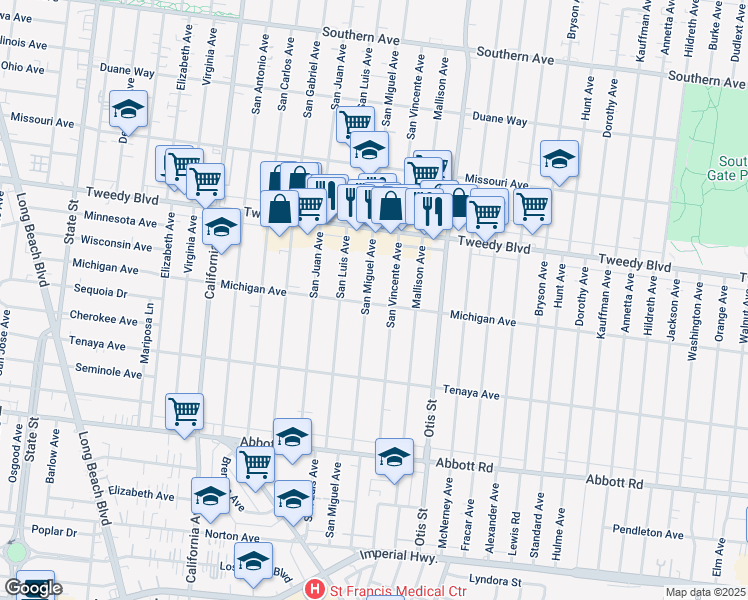 map of restaurants, bars, coffee shops, grocery stores, and more near 10227 San Miguel Avenue in South Gate