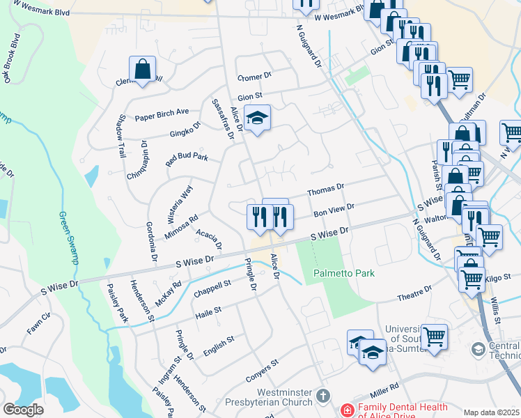 map of restaurants, bars, coffee shops, grocery stores, and more near 1116 Alice Drive in Sumter
