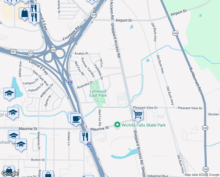 map of restaurants, bars, coffee shops, grocery stores, and more near 2216 Sheppard Access Road in Wichita Falls