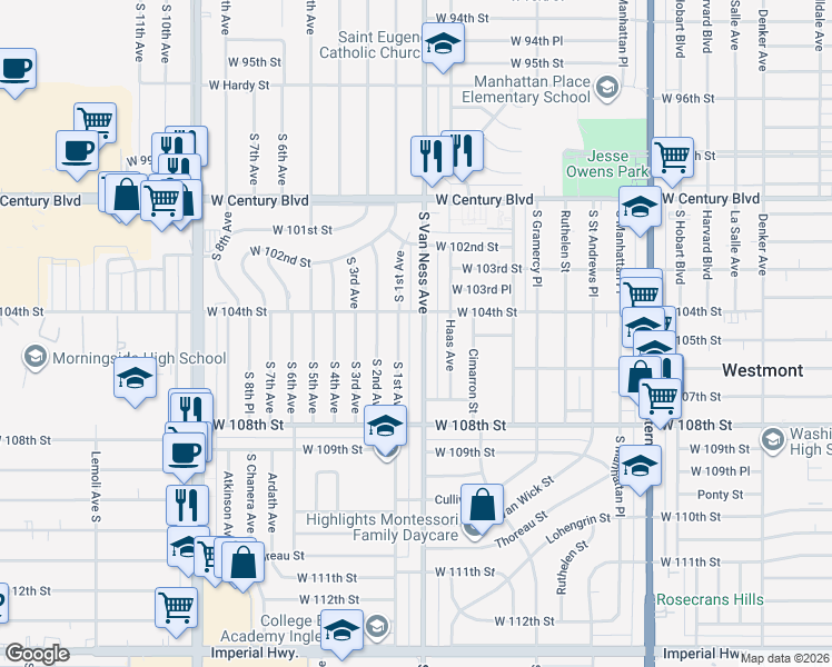 map of restaurants, bars, coffee shops, grocery stores, and more near 10427 South Van Ness Avenue in Inglewood