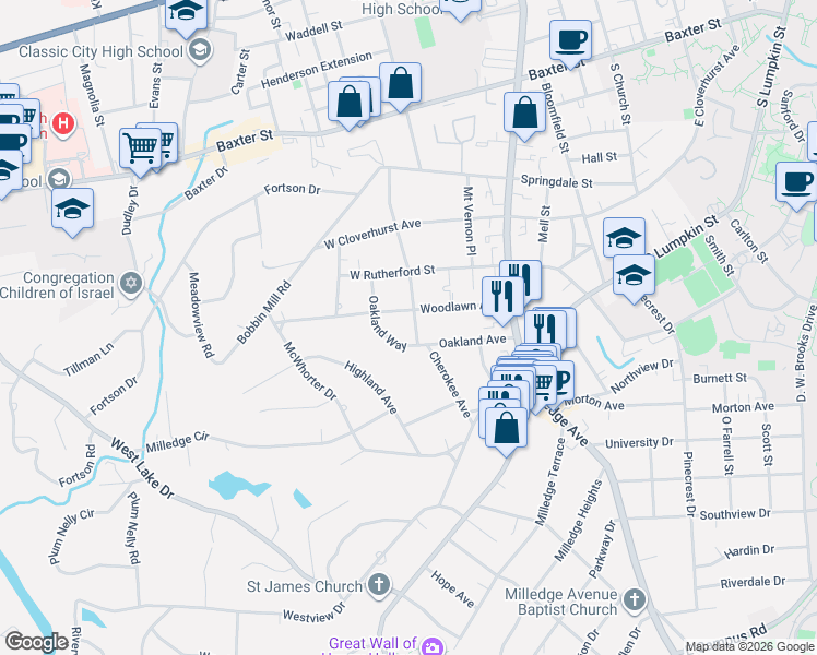 map of restaurants, bars, coffee shops, grocery stores, and more near 2 Oakland Way in Athens