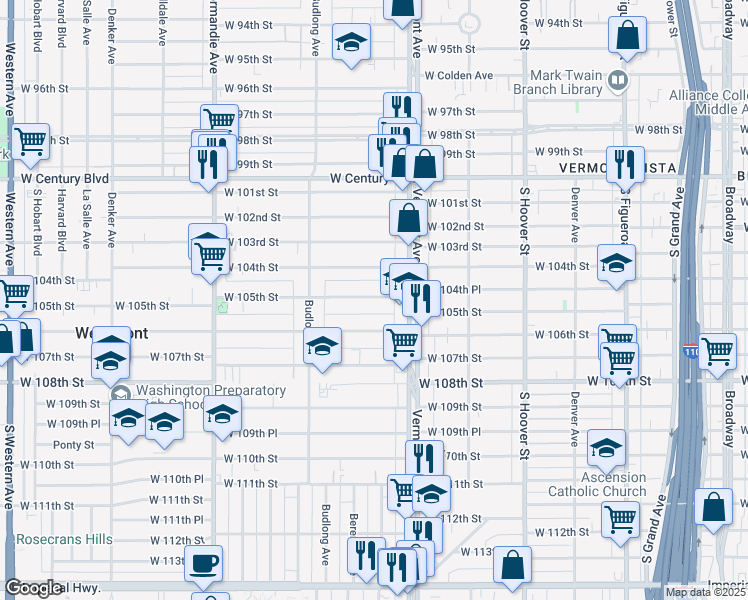 map of restaurants, bars, coffee shops, grocery stores, and more near 1038 1/2 West 105th Street in Los Angeles