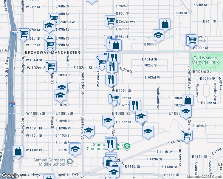 map of restaurants, bars, coffee shops, grocery stores, and more near 10425 Avalon Boulevard in Los Angeles