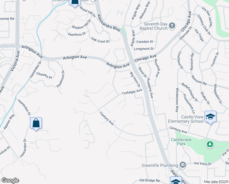 map of restaurants, bars, coffee shops, grocery stores, and more near 2202 Black Oak Place in Riverside