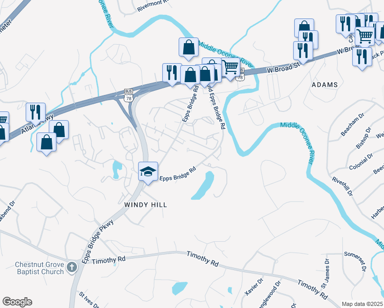map of restaurants, bars, coffee shops, grocery stores, and more near 133 Tamara Court in Athens