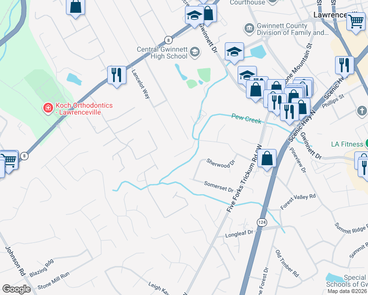 map of restaurants, bars, coffee shops, grocery stores, and more near 717 Nottingham Drive in Lawrenceville