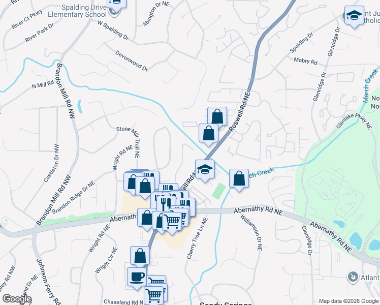 map of restaurants, bars, coffee shops, grocery stores, and more near 6700 Roswell Road Northeast in Atlanta