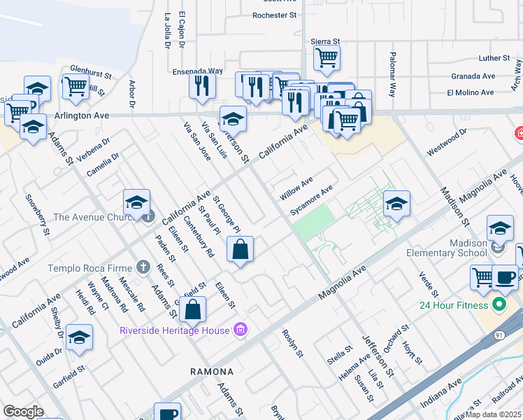 map of restaurants, bars, coffee shops, grocery stores, and more near 4125 Vía San Luis in Riverside