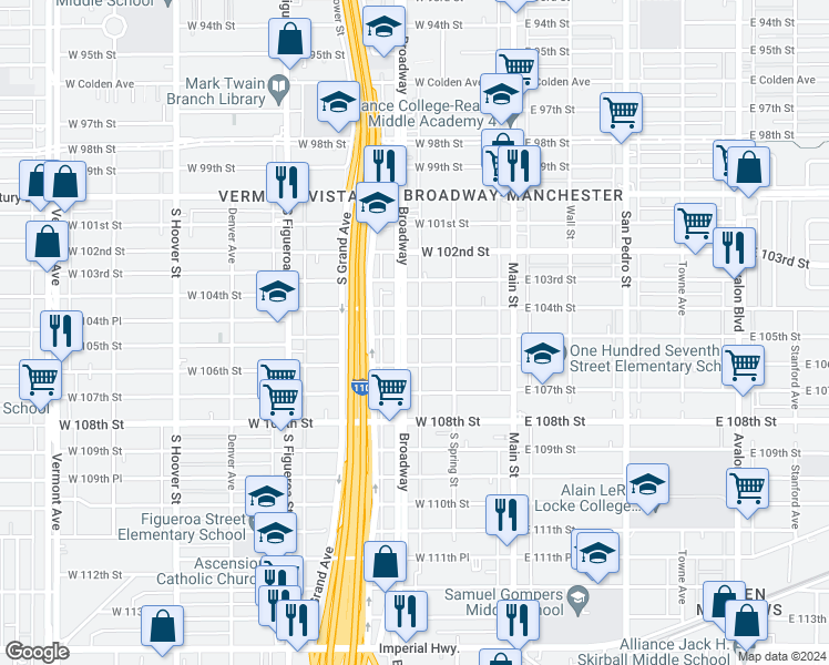 map of restaurants, bars, coffee shops, grocery stores, and more near 241 West 105th Street in Los Angeles