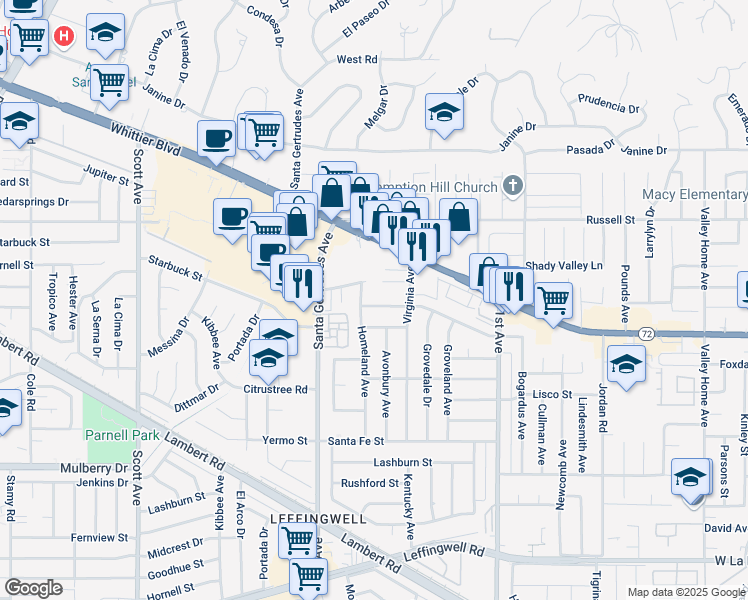 map of restaurants, bars, coffee shops, grocery stores, and more near 15933 Braepark Street in Whittier