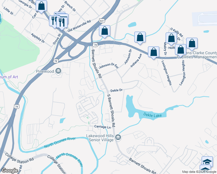 map of restaurants, bars, coffee shops, grocery stores, and more near 435 Barnett Shoals Road in Athens