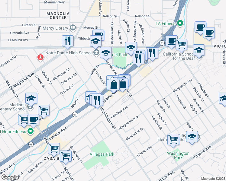 map of restaurants, bars, coffee shops, grocery stores, and more near 6980 Indiana Avenue in Riverside