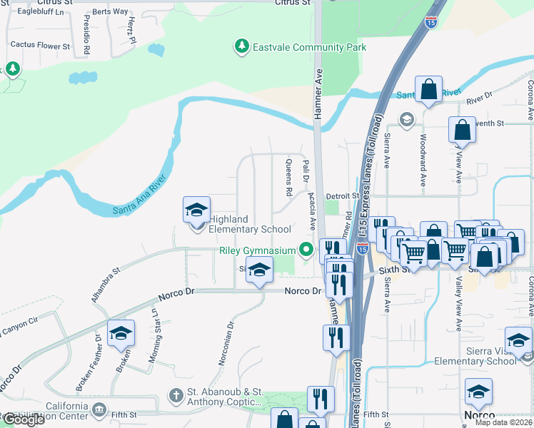 map of restaurants, bars, coffee shops, grocery stores, and more near 4168 Cedar Avenue in Norco
