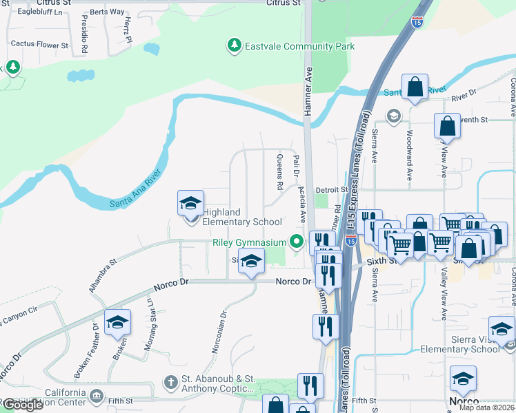 map of restaurants, bars, coffee shops, grocery stores, and more near 4168 Cedar Avenue in Norco