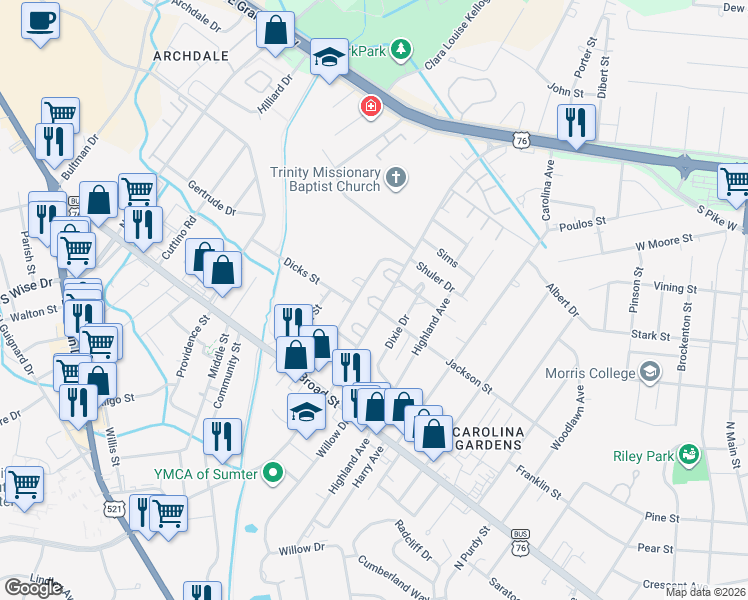 map of restaurants, bars, coffee shops, grocery stores, and more near 643 Miller Road in Sumter