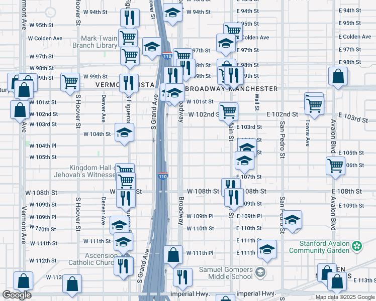 map of restaurants, bars, coffee shops, grocery stores, and more near 241 West 105th Street in Los Angeles