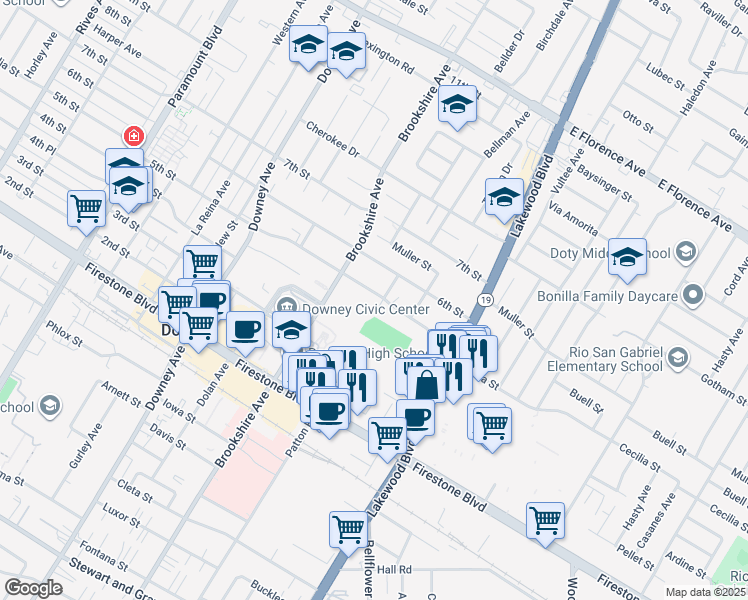 map of restaurants, bars, coffee shops, grocery stores, and more near 8610 5th Street in Downey