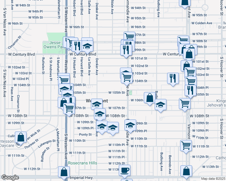 map of restaurants, bars, coffee shops, grocery stores, and more near 1451 West 105th Street in Los Angeles