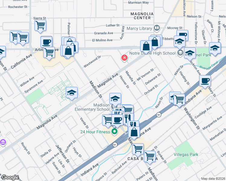 map of restaurants, bars, coffee shops, grocery stores, and more near 7410 Mount Vernon Street in Riverside