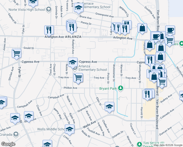 map of restaurants, bars, coffee shops, grocery stores, and more near 8590 Trey Avenue in Riverside