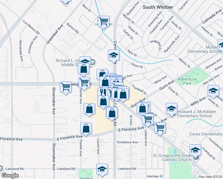 map of restaurants, bars, coffee shops, grocery stores, and more near in Santa Fe Springs