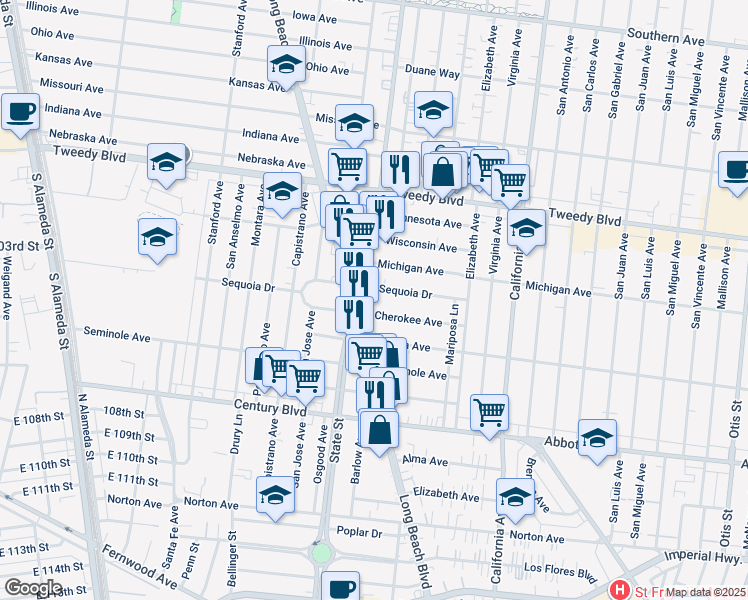 map of restaurants, bars, coffee shops, grocery stores, and more near 3276 Cherokee Avenue in South Gate