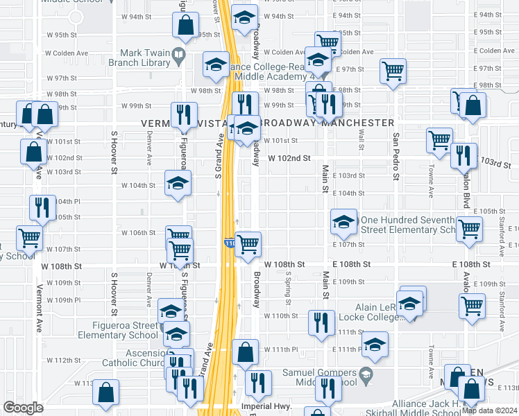 map of restaurants, bars, coffee shops, grocery stores, and more near 10516 South Broadway in Los Angeles