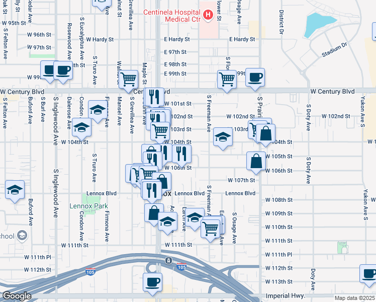 map of restaurants, bars, coffee shops, grocery stores, and more near 4246 West 105th Street in Lennox