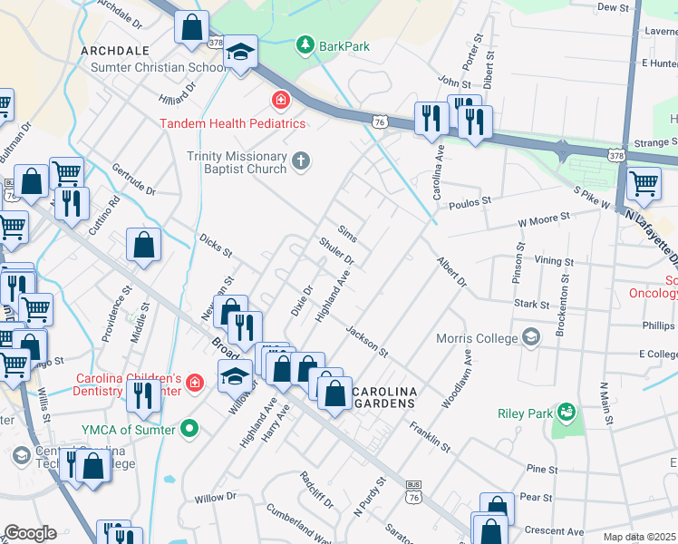 map of restaurants, bars, coffee shops, grocery stores, and more near 212 Highland Avenue in Sumter