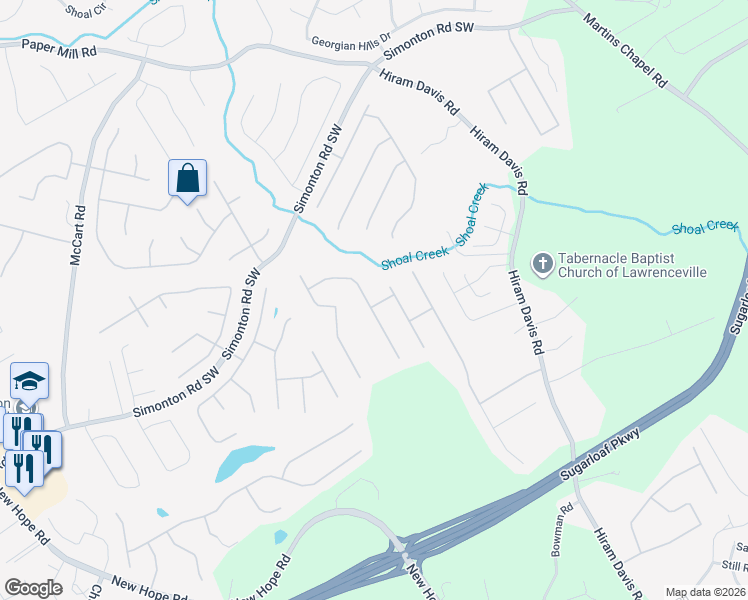 map of restaurants, bars, coffee shops, grocery stores, and more near 1940 Silverstone Drive in Lawrenceville