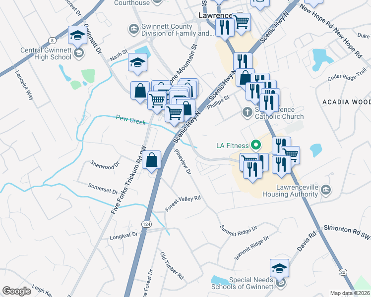 map of restaurants, bars, coffee shops, grocery stores, and more near 191 Pineview Drive in Lawrenceville