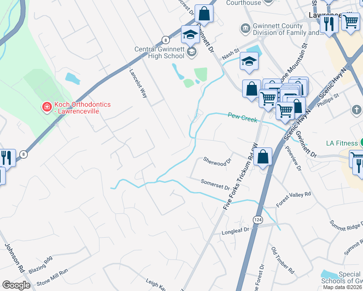 map of restaurants, bars, coffee shops, grocery stores, and more near 717 Nottingham Drive in Lawrenceville