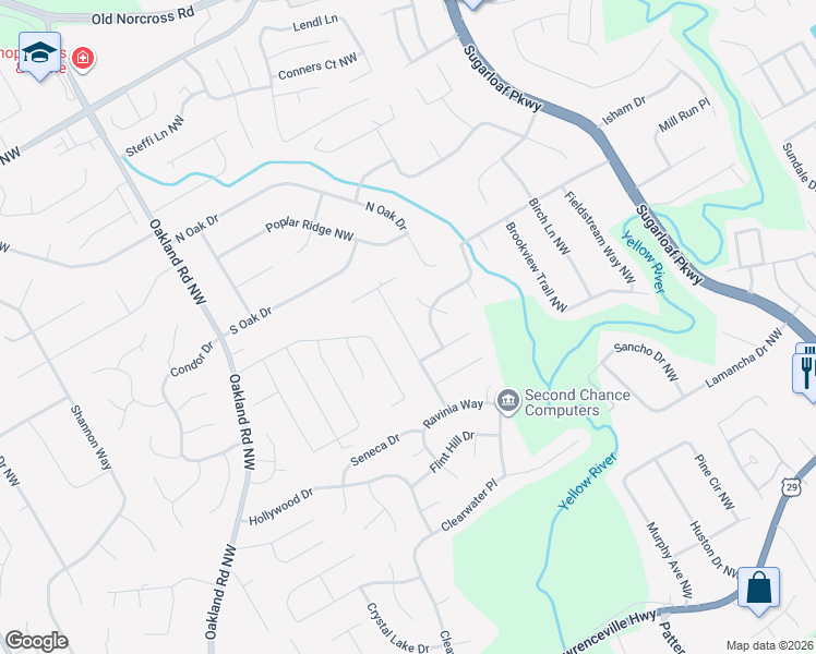map of restaurants, bars, coffee shops, grocery stores, and more near 495 Ringtail Drive in Lawrenceville