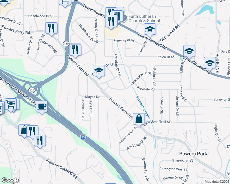 map of restaurants, bars, coffee shops, grocery stores, and more near 495 Powers Ferry Road in Marietta