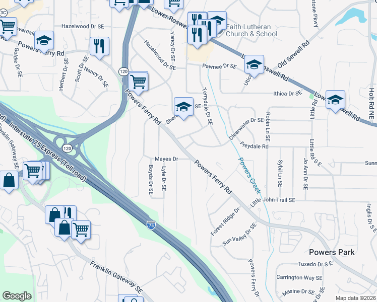 map of restaurants, bars, coffee shops, grocery stores, and more near 2034 Heartwood Road Southeast in Marietta