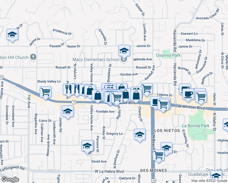 map of restaurants, bars, coffee shops, grocery stores, and more near 1363 Koopmans Way in La Habra