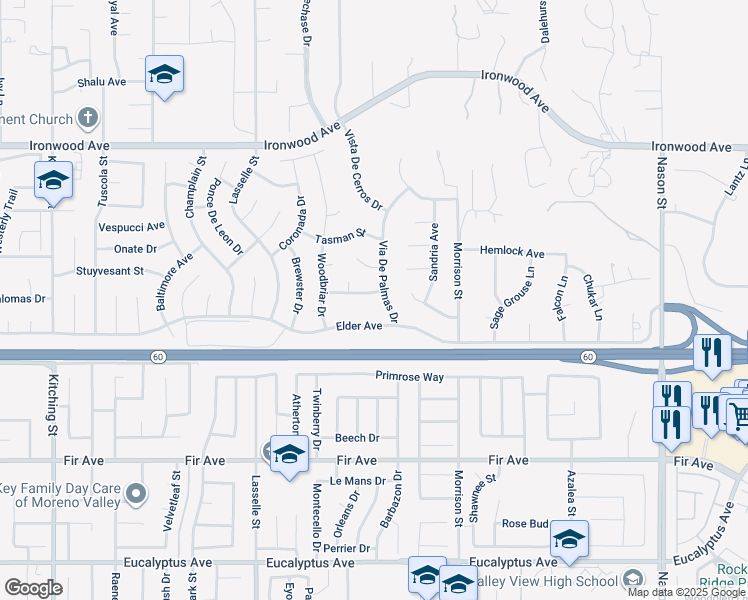 map of restaurants, bars, coffee shops, grocery stores, and more near 26297 Leafwood Drive in Moreno Valley