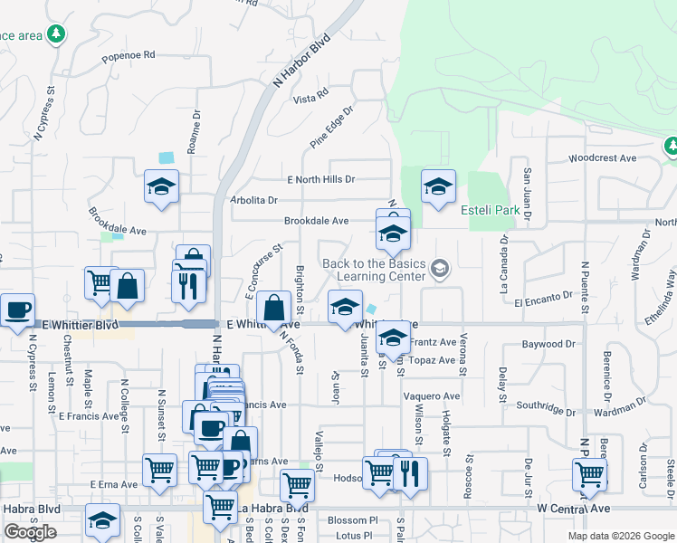 map of restaurants, bars, coffee shops, grocery stores, and more near 1000 Nantucket Street in La Habra