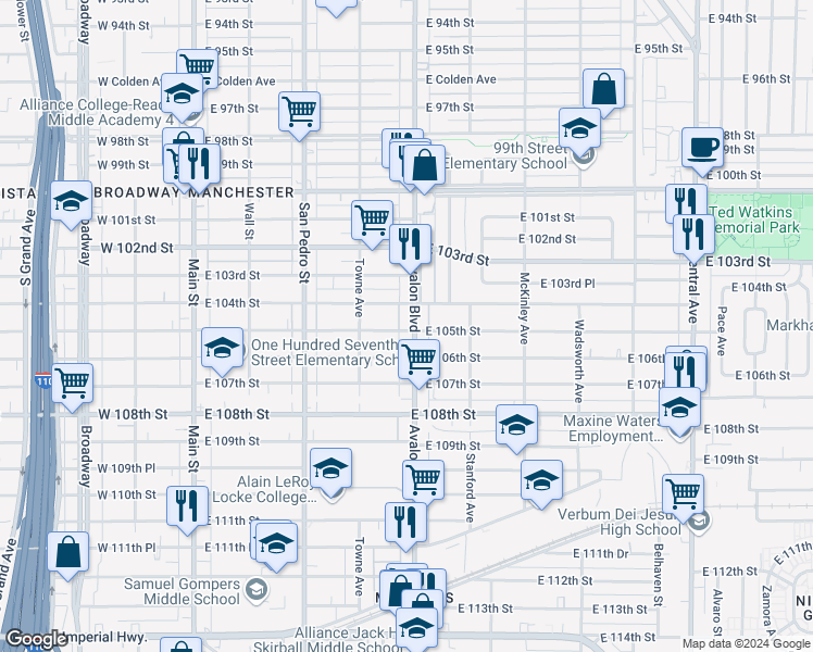 map of restaurants, bars, coffee shops, grocery stores, and more near 10425 Avalon Boulevard in Los Angeles