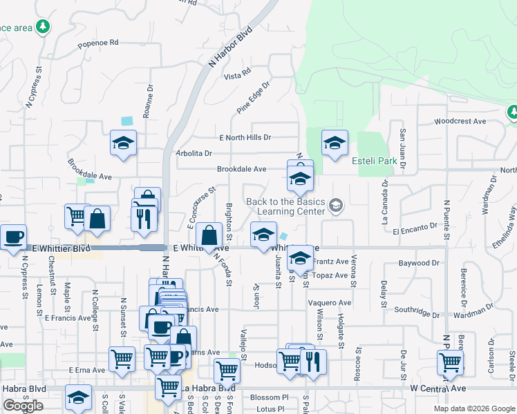map of restaurants, bars, coffee shops, grocery stores, and more near 1000 Nantucket Street in La Habra