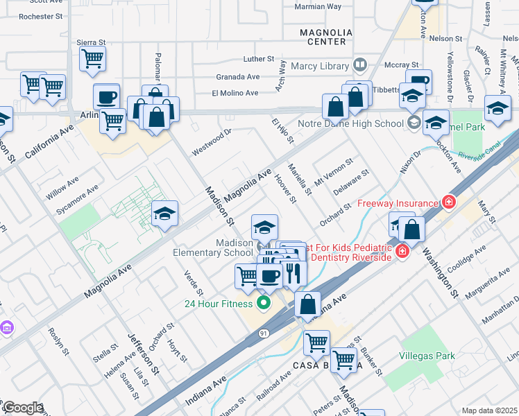 map of restaurants, bars, coffee shops, grocery stores, and more near 7410 Mount Vernon Street in Riverside